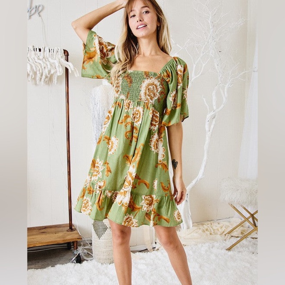 Sage Printed Mini Dress Summer Dress Bohemian Beach Dress